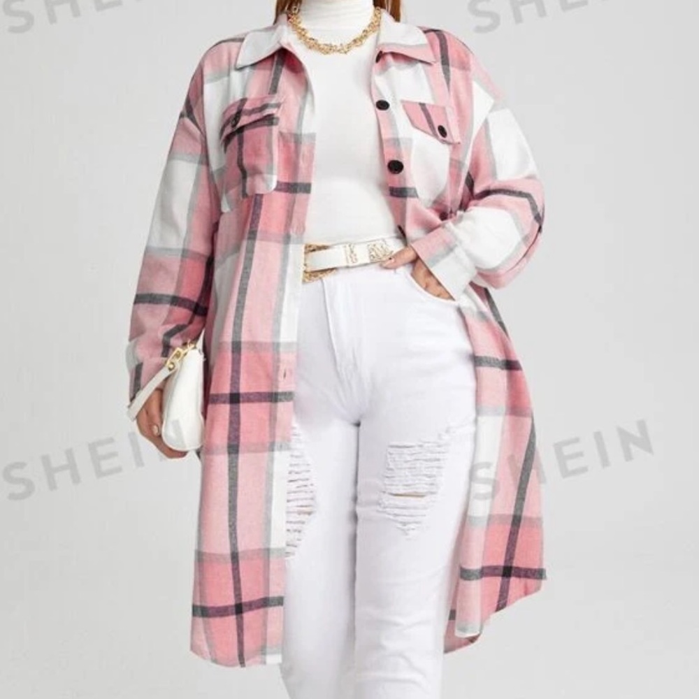 Plus Plaid Flap Pocket Midi Coat in Pink, Black and White